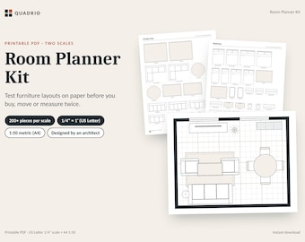 May include: A Room Planner Kit printable PDF featuring furniture layout templates. The kit includes 200+ pieces per scale, with 1/4 inch = 1 foot US Letter and 1:50 metric A4 scales. The design includes floor plan grids and furniture icons.