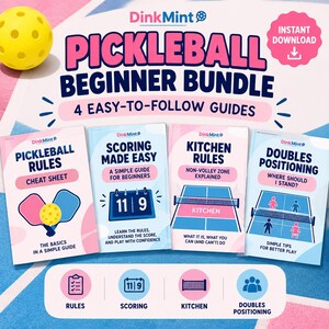 May include: A digital pickleball beginner bundle featuring four guides titled Pickleball Rules, Scoring Made Easy, Kitchen Rules, and Doubles Positioning. The set includes a yellow pickleball and icons for rules, scoring, kitchen, and positioning.