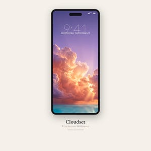 May include: A smartphone with a black frame displaying a lock screen with the time 9:41 and date Wednesday, September 23. The wallpaper features a vibrant sunset sky with orange and purple clouds over a calm sea. Text below reads Cloudset 8 Lockscreen Wallpapers Instant Download.