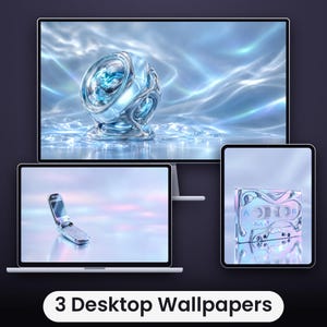 Peut inclure: Trois écrans numériques affichant des fonds d'écran abstraits : un grand moniteur montrant une sphère en chrome liquide, un ordinateur portable avec un téléphone à clapet argenté ouvert, et une tablette avec une cassette métallique marquée A et B.