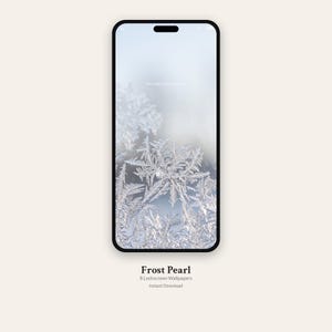 May include: A smartphone displaying a lockscreen wallpaper featuring intricate white frost patterns on a pale blue background. Below the device, the text reads Frost Pearl, 8 Lockscreen Wallpapers, and Instant Download in black font.