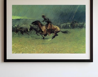 Dark Stormy Cowboy Wall Art - Fredric Remington Cowboy Painting - 3:2 ratio, 30 x 20&quot; - Country Western Wall Art, Old West Wall Art