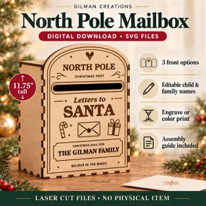 Peut inclure: Un fichier numérique SVG de boîte aux lettres du pôle Nord en bois clair. L'avant présente le texte 'Letters to SANTA', 'THE GILMAN FAMILY' et 'BELIEVE IN THE MAGIC', avec des icônes de sucre d'orge, d'enveloppe et de cadeau. Il mesure 29,85 cm.