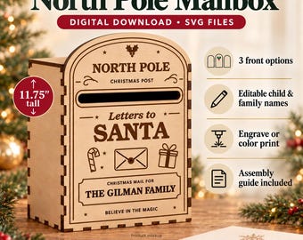 May include: A light-coloured wooden North Pole Mailbox digital download SVG file. The front features the text 'Letters to SANTA', 'THE GILMAN FAMILY', and 'BELIEVE IN THE MAGIC', with icons of a candy cane, envelope, and gift. It is 29.85 cm tall.