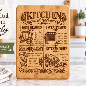 May include: A rectangular bamboo chopping board featuring a laser-engraved kitchen quick reference guide. The design includes sections for liquid measures, oven temperatures, safe internal temperatures, and kitchen notes with conversion charts.