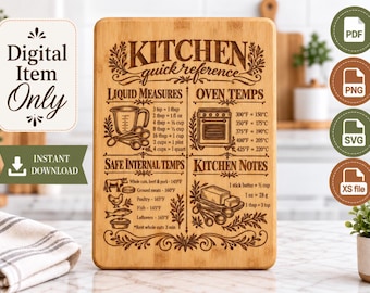 May include: A rectangular bamboo chopping board featuring a laser-engraved kitchen quick reference guide. The design includes sections for liquid measures, oven temperatures, safe internal temperatures, and kitchen notes with conversion charts.
