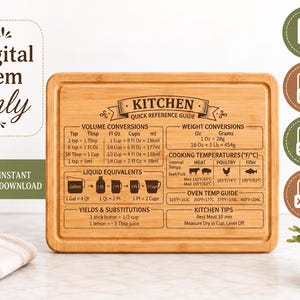 May include: A rectangular bamboo cutting board featuring a laser-engraved kitchen quick reference guide. The design includes volume and weight conversion charts, liquid equivalents, cooking temperatures, oven settings, and various kitchen tips.