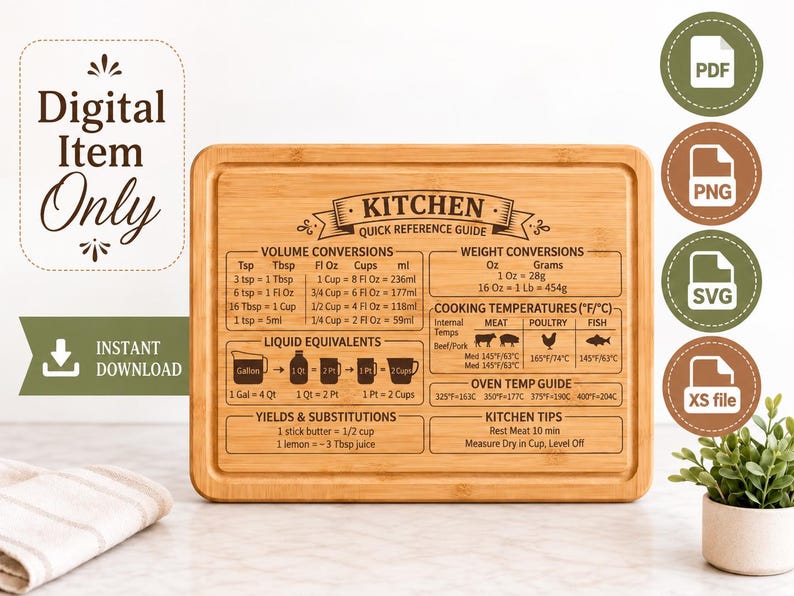 May include: A rectangular bamboo cutting board featuring a laser-engraved kitchen quick reference guide. The design includes volume and weight conversion charts, liquid equivalents, cooking temperatures, oven settings, and various kitchen tips.
