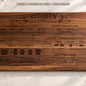 May include: A rectangular dark brown wooden cutting board featuring a laser-engraved kitchen quick reference guide. The text includes volume conversions, weight conversions, cooking temperatures, liquid equivalents, oven temp guide, and kitchen tips.