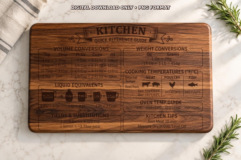 May include: A rectangular dark brown wooden cutting board featuring a laser-engraved kitchen quick reference guide. The text includes volume conversions, weight conversions, cooking temperatures, liquid equivalents, oven temp guide, and kitchen tips.