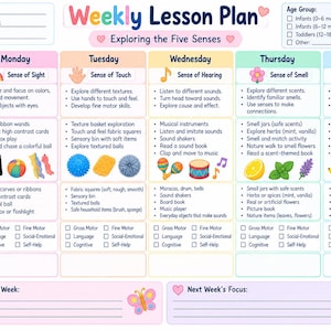 May include: A Weekly Lesson Plan template titled Exploring the Five Senses, organised by day from Monday to Friday. It includes sections for learning goals, activities, materials, and development areas, featuring colourful icons like a sun, butterfly, and fruits.