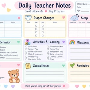 May include: A Daily Teacher Notes log sheet featuring sections for meals, diaper changes, sleep, mood, activities, milestones, and parent reminders. The pastel-coloured template includes icons like a sun, bear, and rainbow with text fields.