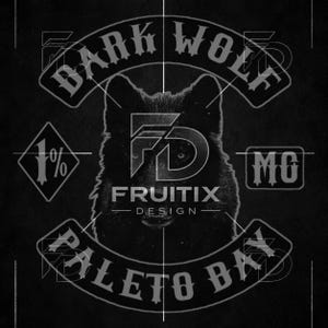May include: A black and white graphic design featuring a wolf head at the centre. Text reads DARK WOLF in an arch, 1% in a diamond, MG in a rectangle, and PALETO BAY in a lower arch. The centre logo displays FD FRUITIX DESIGN in white lettering.