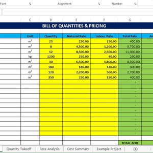 May include: A spreadsheet titled BILL OF QUANTITIES & PRICING with columns for Item No., Description, Unit, Quantity, Material Rate, Labour Rate, Total Rate, Amount, and Remarks. It lists eight construction tasks including excavation, concrete, and painting.