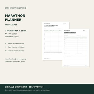 Könnte beinhalten: Ein digitales Marathon-Planer-PDF-Set mit sieben druckbaren Seiten, darunter eine 16-wöchige Planungsübersicht und ein wöchentlicher Trainingsplaner. Die Dokumente sind für A4 und US Letter Formate mit schwarzem Text auf weißem Grund ausgelegt.