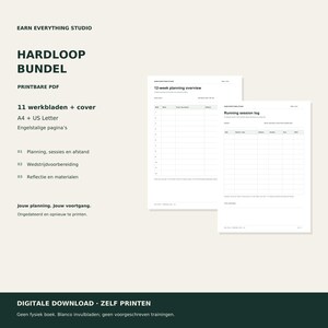 以下が含まれることがあります： Earn Everything Studioのデジタル印刷用PDFバンドル「Hardloop Bundel」。A4およびUSレターサイズの11枚のワークシートとカバーが含まれています。ページには12週間の計画概要と、グリッド付きのランニングセッションログが記載されています。