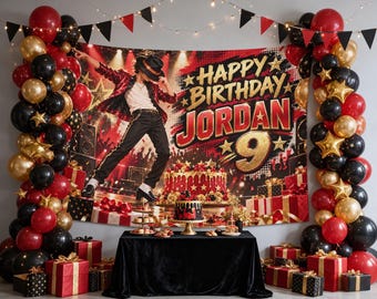Personalisierte Michael-Jackson-Geburtstagsbanner, individueller Hintergrund mit Namen und Alter, Wandteppich „King of Pop“, Musik-Tischdekoration für Kuchen und Fotobox