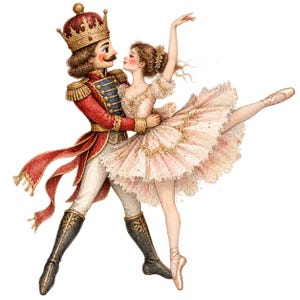 May include: A watercolor illustration of a nutcracker soldier in a red uniform with a gold crown and black boots dancing with a ballerina in a layered pale pink and gold tutu. The pair are posed in a graceful dance movement against a white background.