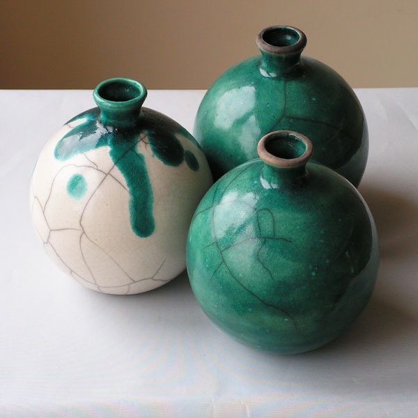 Set of 3 raku fired crackle vases in turquoise  -  ceramique vase