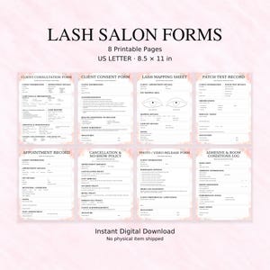 Pakiet formularzy dla klientów salonu rzęs: 8 formularzy salonowych do druku, format A4 i PDF w formacie US Letter