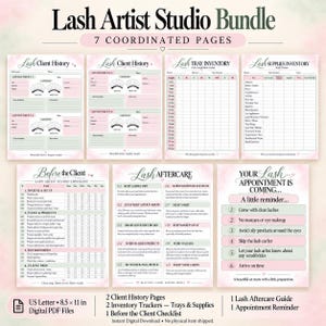 May include: A digital Lash Artist Studio Bundle featuring seven coordinated pages in pink and green. Includes two client history forms, tray and supply inventory trackers, a studio checklist, an aftercare guide, and an appointment reminder.