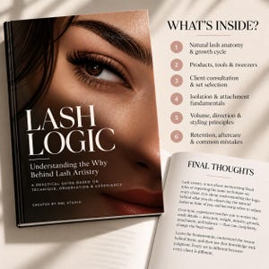 May include: A book titled Lash Logic: Understanding the Why Behind Lash Artistry by MBL Studio. The cover features a close-up of an eye with long lashes. The open pages display a list of six chapters and a section titled Final Thoughts.