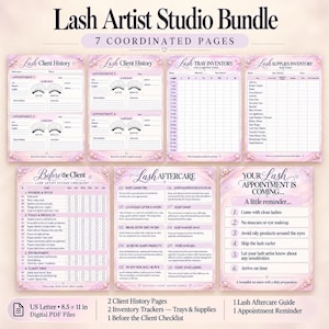 Op de afbeelding: Een Lash Artist Studio Bundle met zeven gecoördineerde pagina's met een roze marmeren en parelrand. Bevat twee klantgeschiedenisformulieren, inventaris-trackers voor trays en benodigdheden, een checklist, nazorggids en afspraakherinnering.