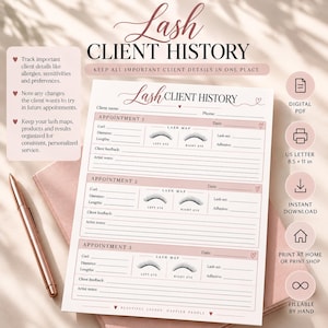 May include: A digital Lash Client History form template in US Letter 8.5 x 11 inch size. The document features a blush pink and white colour scheme with sections for three appointments, including fields for lash maps, client feedback, and artist notes.