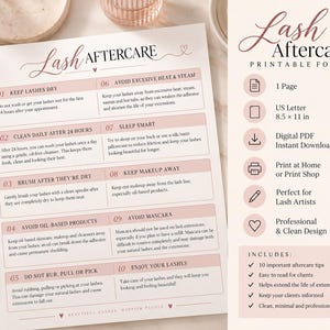 May include: A printable lash aftercare form on white paper with pink accents. The document lists ten numbered instructions for eyelash extension maintenance, including keeping lashes dry, cleaning daily, and avoiding oil-based products and mascara.