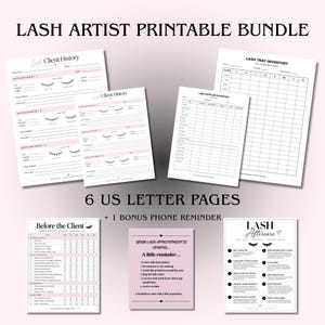 Op de afbeelding: Een printbare set voor wimperstylisten met zes US letter-pagina's en een extra telefoonherinnering. De documenten bevatten klantgeschiedenisformulieren, inventarislijsten voor wimpers en benodigdheden, een checklist en nazorginstructies.