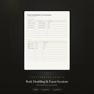 May include: A digital planner page titled Body Doubling & Focus Sessions displayed on a tablet screen. The layout includes sections for upcoming sessions and a session log with columns for tasks, duration, and completion status, set against a dark background.