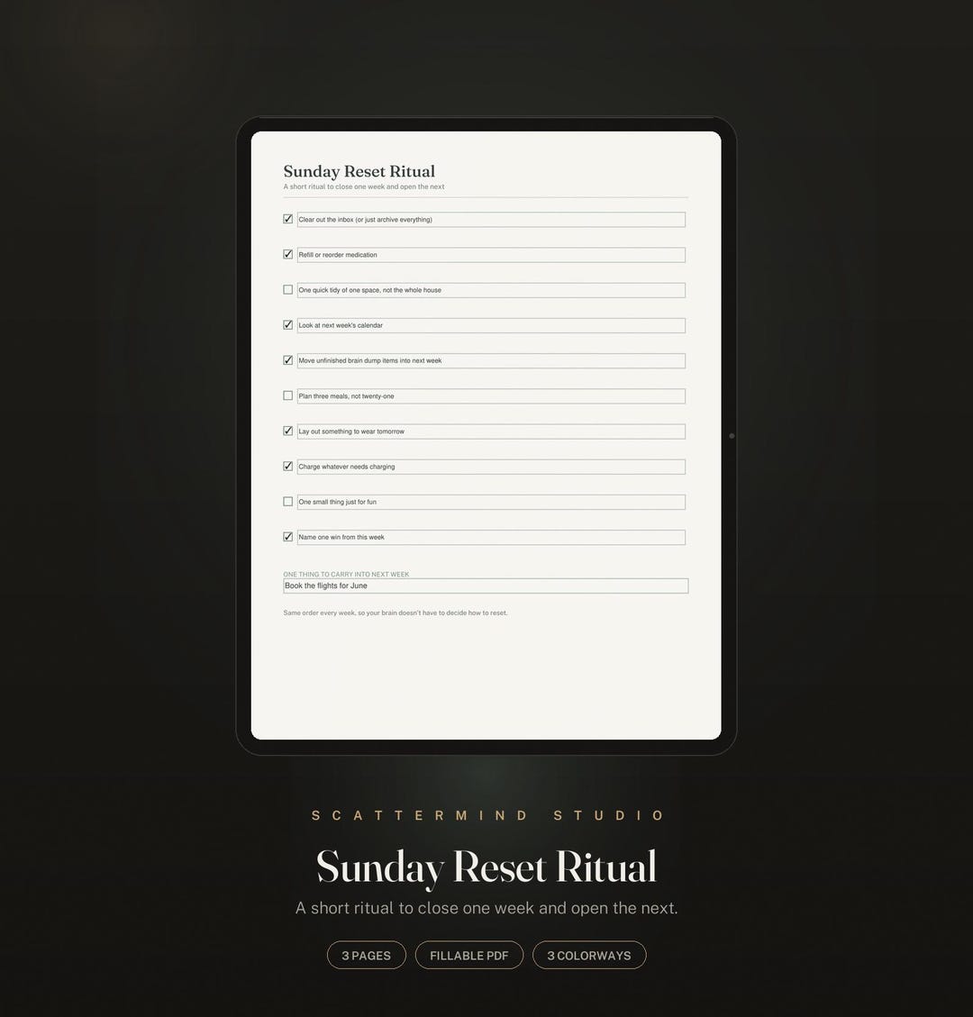 Week Ritual Template Sunday Reset Checklist Fillable PDF | ADHD Weekly Reset Ritual for a ...