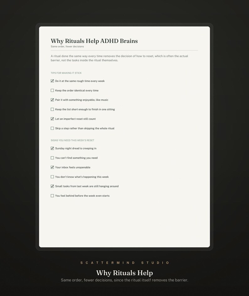 Week Ritual Template Sunday Reset Checklist Fillable PDF | ADHD Weekly Reset Ritual for a ...