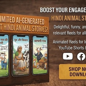 May include: A brown box display featuring three smartphone screens showing animated Hindi animal stories. Text on the box reads: UNLIMITED AI-GENERATED SHORT HINDI ANIMAL STORIES! BOOST YOUR ENGAGEMENT WITH HINDI ANIMAL STORY REELS! SHOP NOW & DOWNLOAD!
