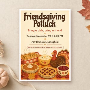 May include: A rectangular Friendsgiving Potluck invitation card with cream background and brown text. It features illustrations of a turkey, pies, and a casserole dish on a checkered tablecloth. Details include date, time, location, and RSVP contact.