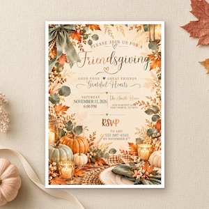 May include: A rectangular Friendsgiving invitation card featuring a border of autumn leaves, pumpkins, and candles. The text reads: Please join us for a Friendsgiving, Good Food Great Friends Grateful Hearts, Saturday November 15, 2026, 6:00 PM.