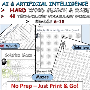 Peut inclure: Un ensemble de feuilles d'activités éducatives comprenant des mots mêlés et des labyrinthes sur l'IA et l'intelligence artificielle, avec 48 mots de vocabulaire technologique pour les niveaux 6-12, incluant des solutions et des graphiques de robots.
