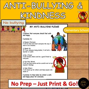 Może przedstawiać: Dokument do druku z przysięgą przeciwko nękaniu z tekstem MY ANTI-BULLYING PLEDGE, listą obietnic takich jak Respect Everyone i Speak Up, ilustracją różnorodnych osób wokół globu oraz symbolem zakazu nękania.