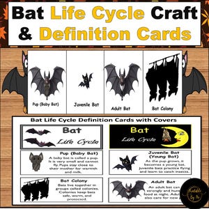 May include: A printable educational set titled Bat Life Cycle Craft & Definition Cards. It features illustrations of a pup, juvenile, and adult bat, plus a bat colony. Includes definition cards explaining the life cycle stages with descriptive text.
