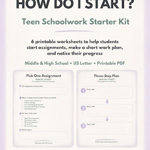 Può includere: Un kit di avvio per i compiti scolastici intitolato HOW DO I START? con 6 fogli di lavoro stampabili. Il documento include sezioni per scegliere un compito e un piano in tre fasi progettato per gli studenti delle scuole medie e superiori.