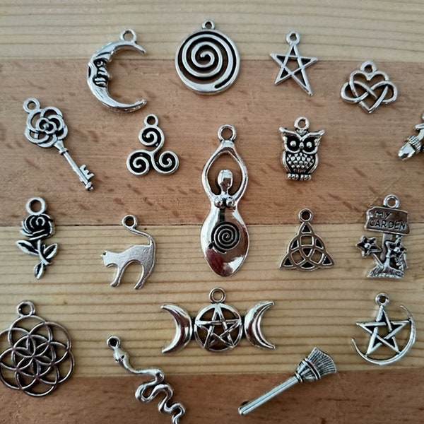 Wiccan charm collection, Witchy antique silver charms and pendants