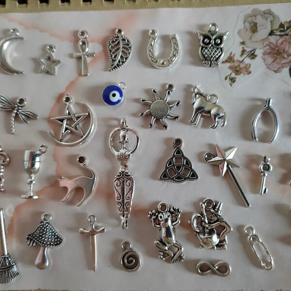 30 Wiccan Charms, Pagan Antique Silver Pendant Set, Mixed Wiccan Witch Gothic Collection , Bracelet Jewelry Charms #01