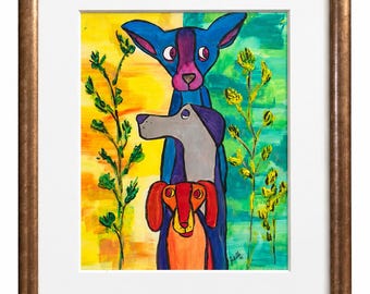 May include: A framed painting featuring three stacked dogs in blue, gray, and orange, set against a vibrant yellow and green background with painted green plant stalks on either side. The artwork is enclosed in a metallic bronze-toned frame.