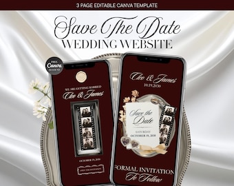 Op de afbeelding: Een driedelige bewerkbare Canva-sjabloon voor een trouwwebsite in een donkerbordeauxrode kleur. Het ontwerp bevat de tekst Save The Date Wedding Website, Cleo & James en October 19, 2030, gecombineerd met grafische elementen van filmstrips.