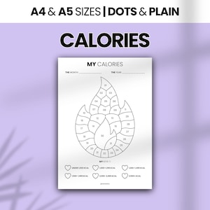 May include: A white printable tracker sheet titled MY CALORIES with a large flame graphic divided into 31 numbered sections. Below the flame, a key features six heart icons labeled with calorie ranges from under 1,000 kcal to 2,500+ kcal.