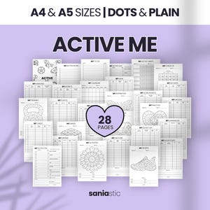 May include: A collection of 28 printable planner pages titled Active Me, available in A4 and A5 sizes with dots and plain layouts. The white sheets feature black text and line art including a kettlebell, sneaker, and butterfly, organized into various tracking categories.