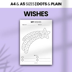 May include: A white printable tracker sheet titled MY WISHES with a shooting star graphic containing numbered segments from 01 to 31. The page includes fields for month and year, plus a MY KEYS section with four heart icons and blank lines.
