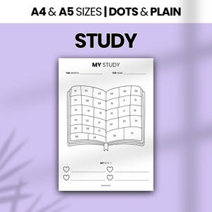 May include: A white study planner printable sheet with black text and lines. The header reads MY STUDY, followed by fields for month and year. A central graphic shows an open book with 31 numbered boxes. Below are four heart icons and lines for MY KEYS.