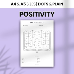 Könnte beinhalten: Ein weißes, druckbares Positivitäts-Tracker-Blatt mit dem Text A4 & A5 SIZES | DOTS & PLAIN, POSITIVITY, MY POSITIVITY, THE MONTH, THE YEAR und MY KEYS. Das Design zeigt eine Grafik eines offenen Buches mit nummerierten Tagesfeldern von 01 bis 31.