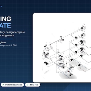 May include: A Revit plumbing template file featuring a technical isometric diagram of a multi-story sanitary piping system. The text reads: PLUMBING BIM TEMPLATE, Ready-to-use sanitary design template for plumbing & BIM engineers, By a Licensed Civil Engineer, M.Sc. Construction Management & BIM, Revit 2022-2026, Instant Download, .RTE File.
